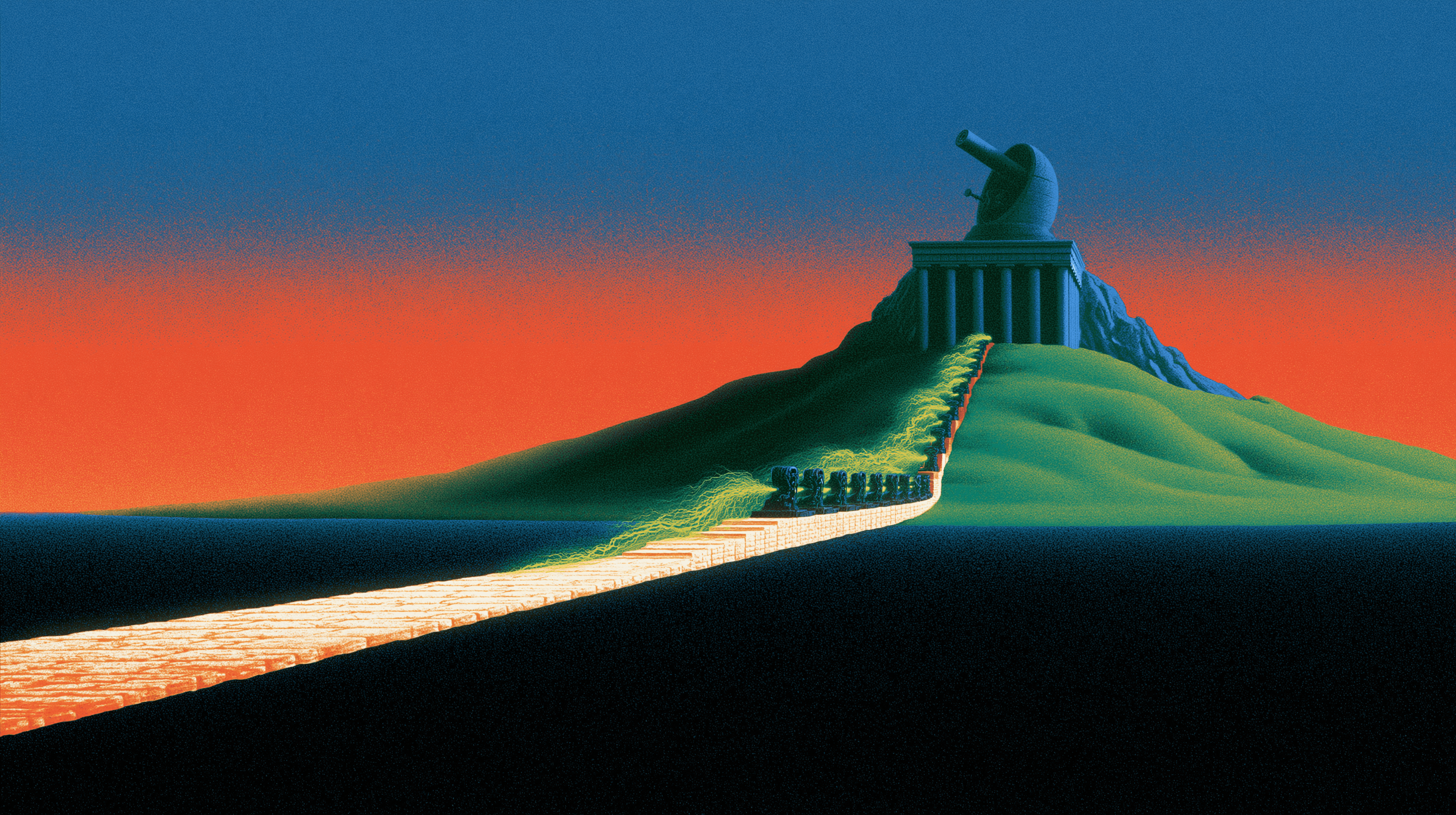A long illuminated road climbing through dark hills toward a classical temple crowned by a monumental telescope, beneath a cobalt sky and a burning coral horizon.