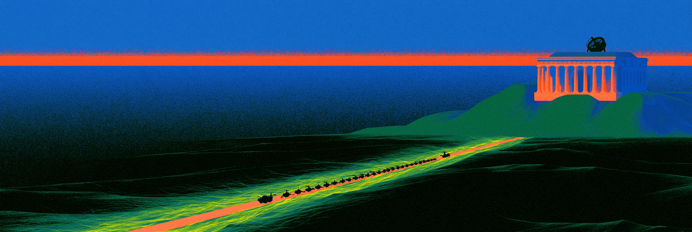 A classical temple on a green headland above dark water, lit by a thin coral horizon under a cobalt sky.